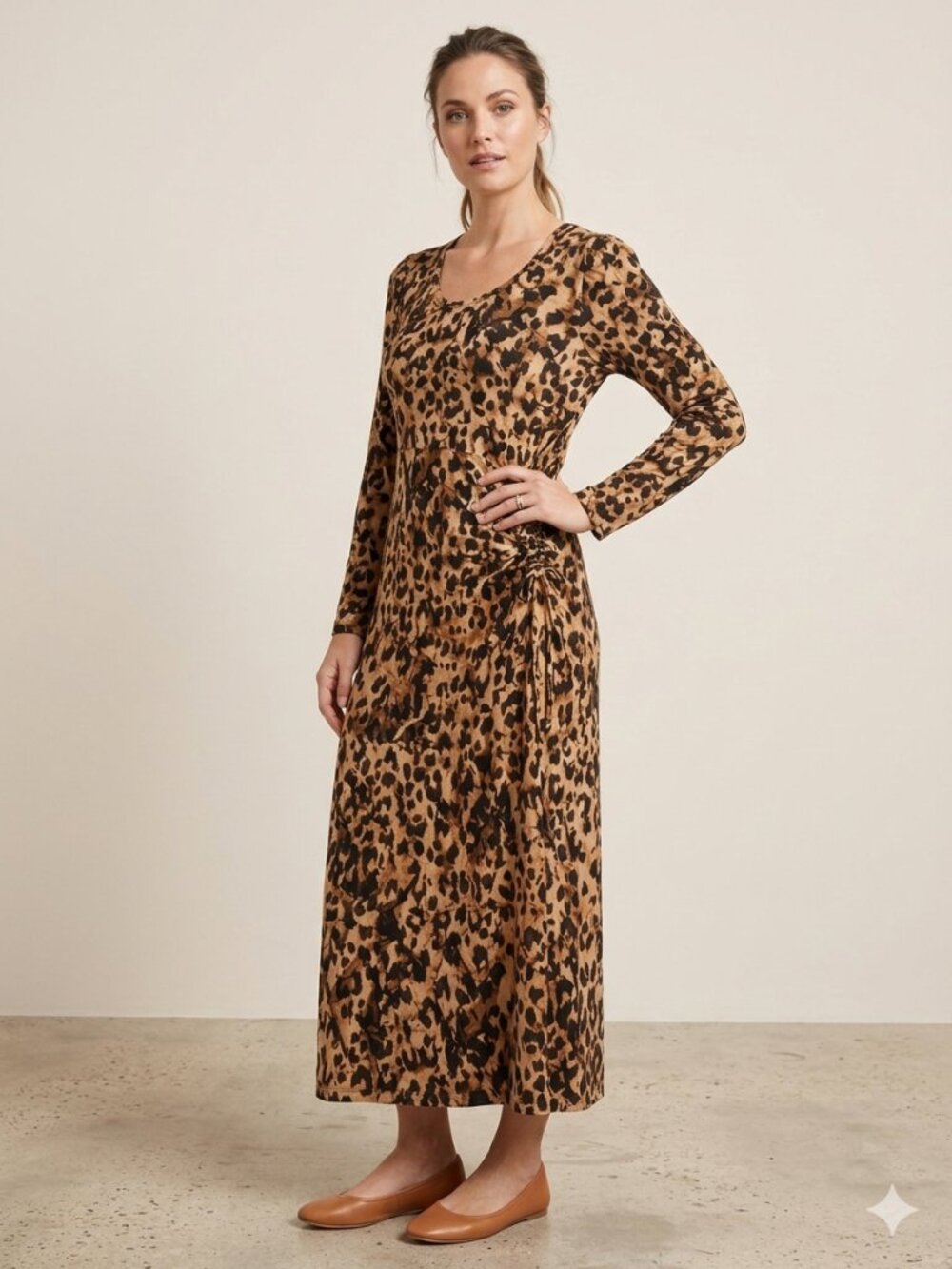 CAbi Selma Dress #4216 Leopard Print Long Sleeve Maxi Ruched‎ Size Large